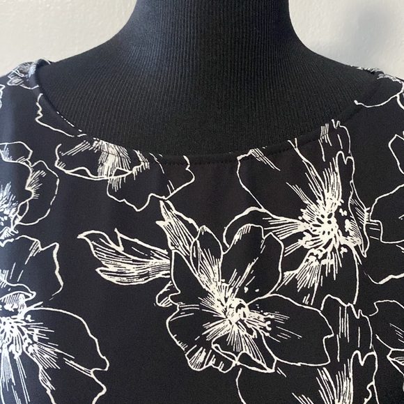 Apt. 9 Black & White Floral Print Blouse Faux Wrap 3/4 Tie Cuff Sleeves Sz L - Picture 2 of 10